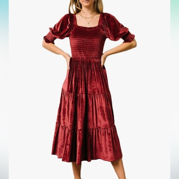 Baltic Born Vivaldi Smocked Velvet Midi Dress 1X Puff Sleeve Tiered Skirt - Picture 1 of 10
